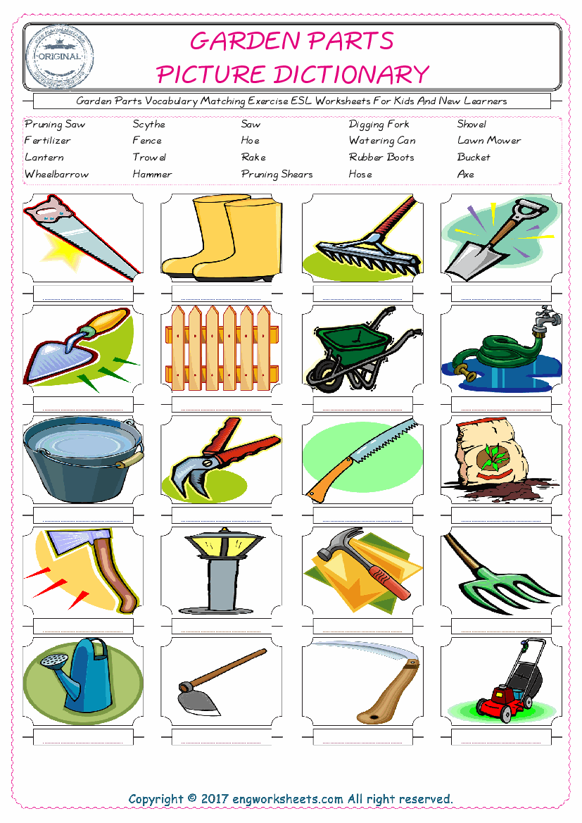  Garden Parts for Kids ESL Word Matching English Exercise Worksheet. 
